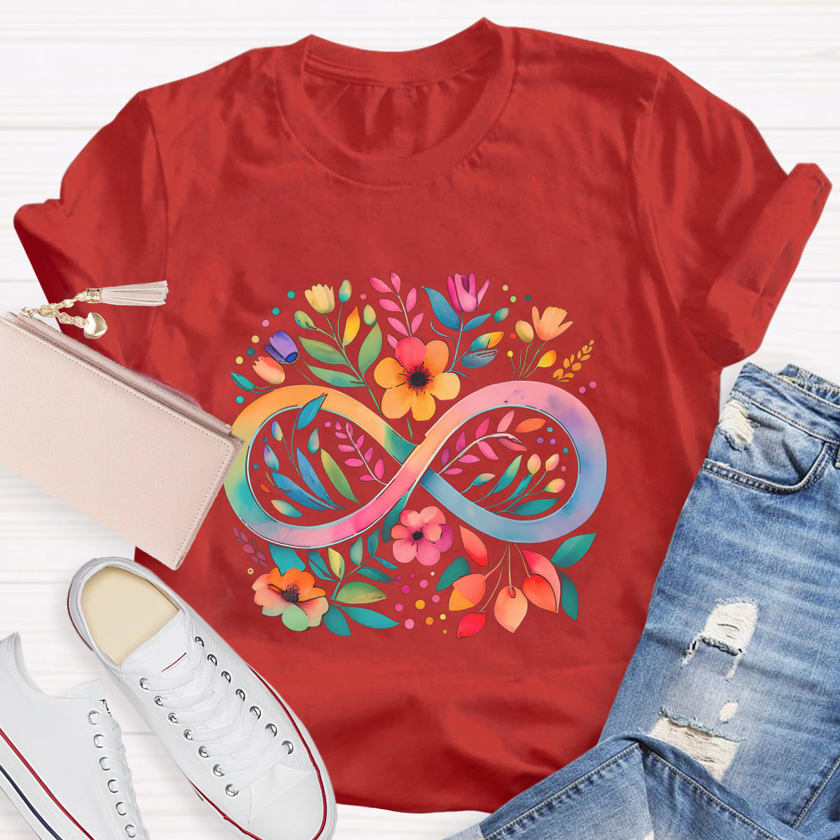 Rainbow Infinity Watercolor Flowers Teacher T-Shirt