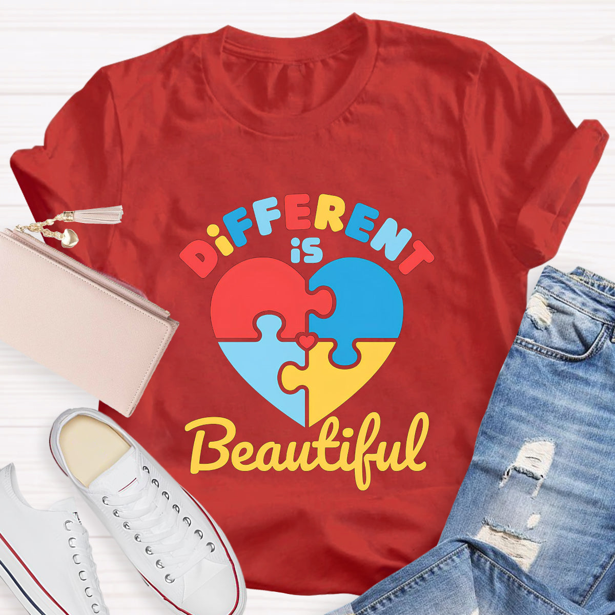 Different Is Beautiful Colorful Heart Teacher T-Shirt
