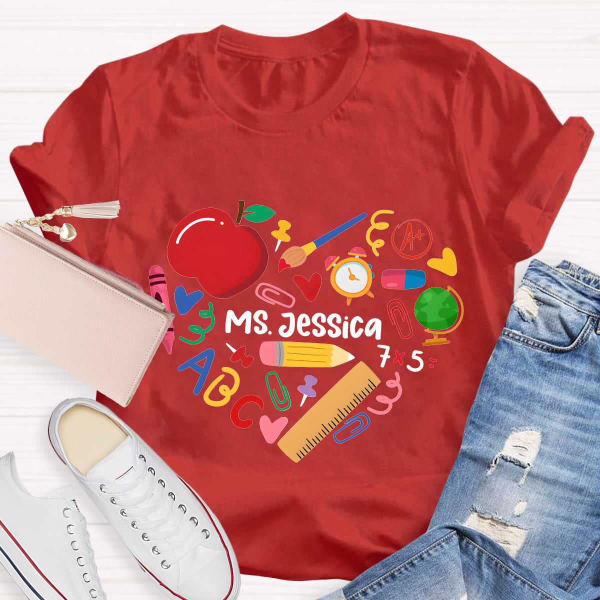 Personalized Name Apple And Heart Teacher T-Shirt