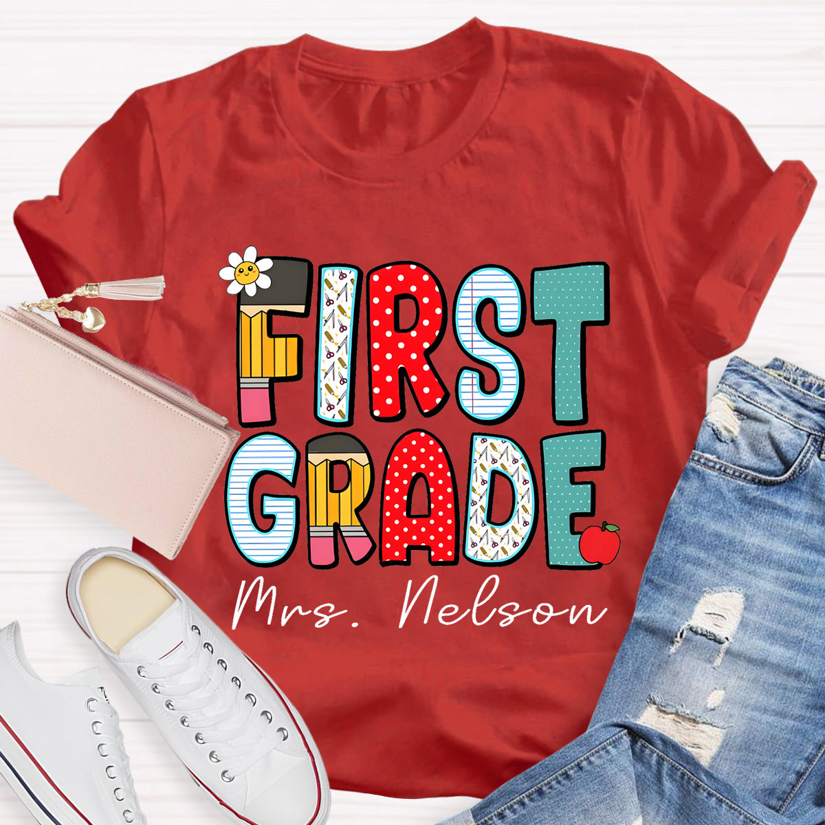 Personalized Grade And Name Back To School Dot Printed Teacher T-Shirt