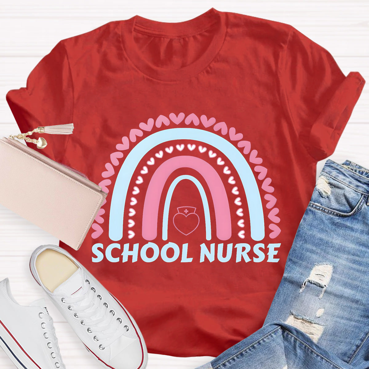 School Nurse Rainbow Pink Heart T-Shirt