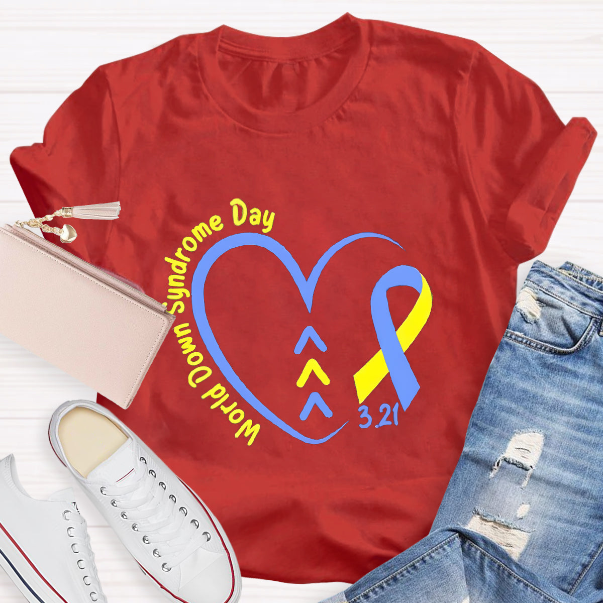 Down Syndrome Day Blue Heart Teacher T-Shirt