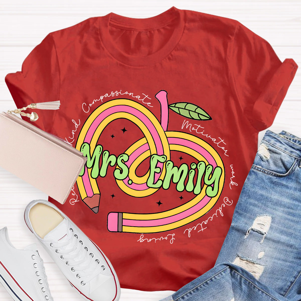 Personalize Name Reliable Kind Compassionate Pink Apple Teacher T-Shirt