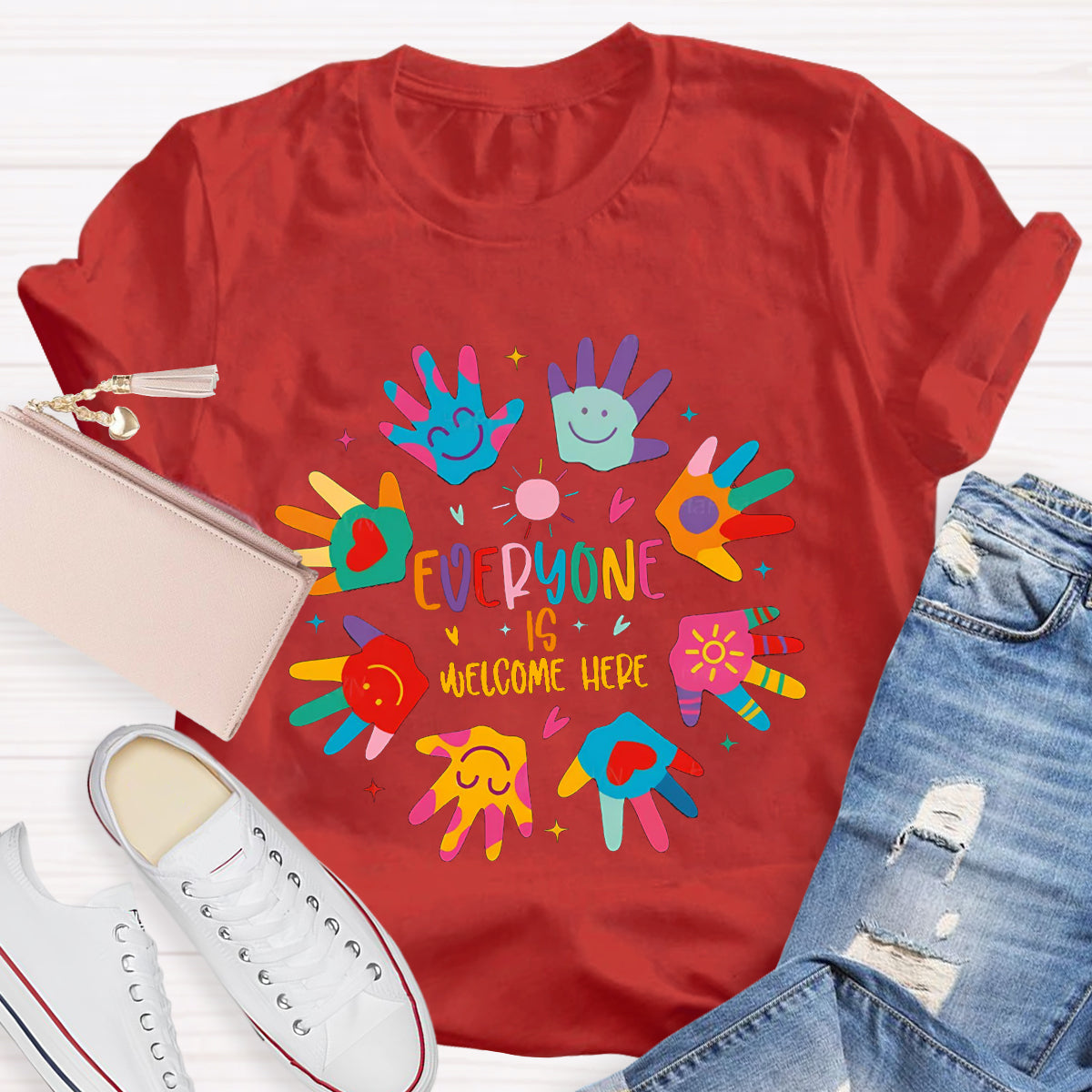 Everyone Is Welcome Here Colorful Hands Teacher T-Shirt