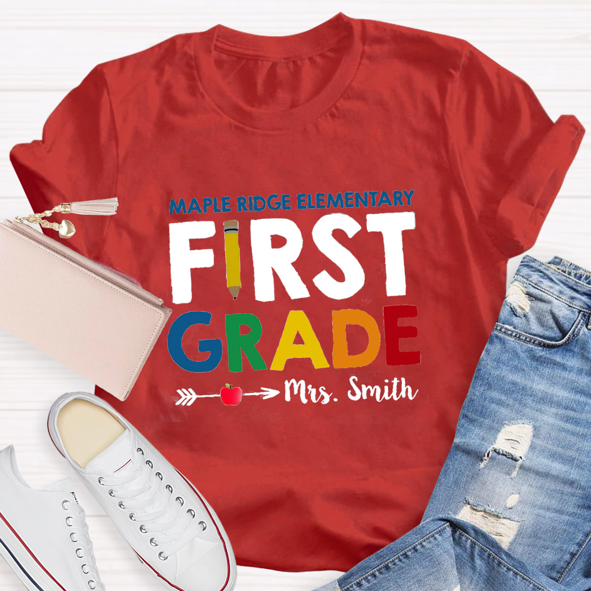 Personalized School Name Grade And Teacher Name Pencil Apple Heart T-Shirt