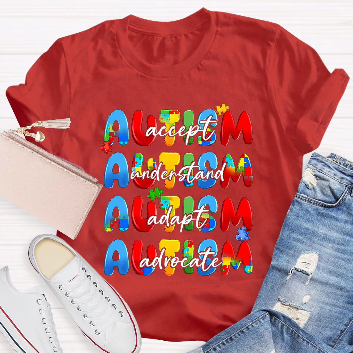 Autism Accept Advocate Adapt Teacher T-Shirt