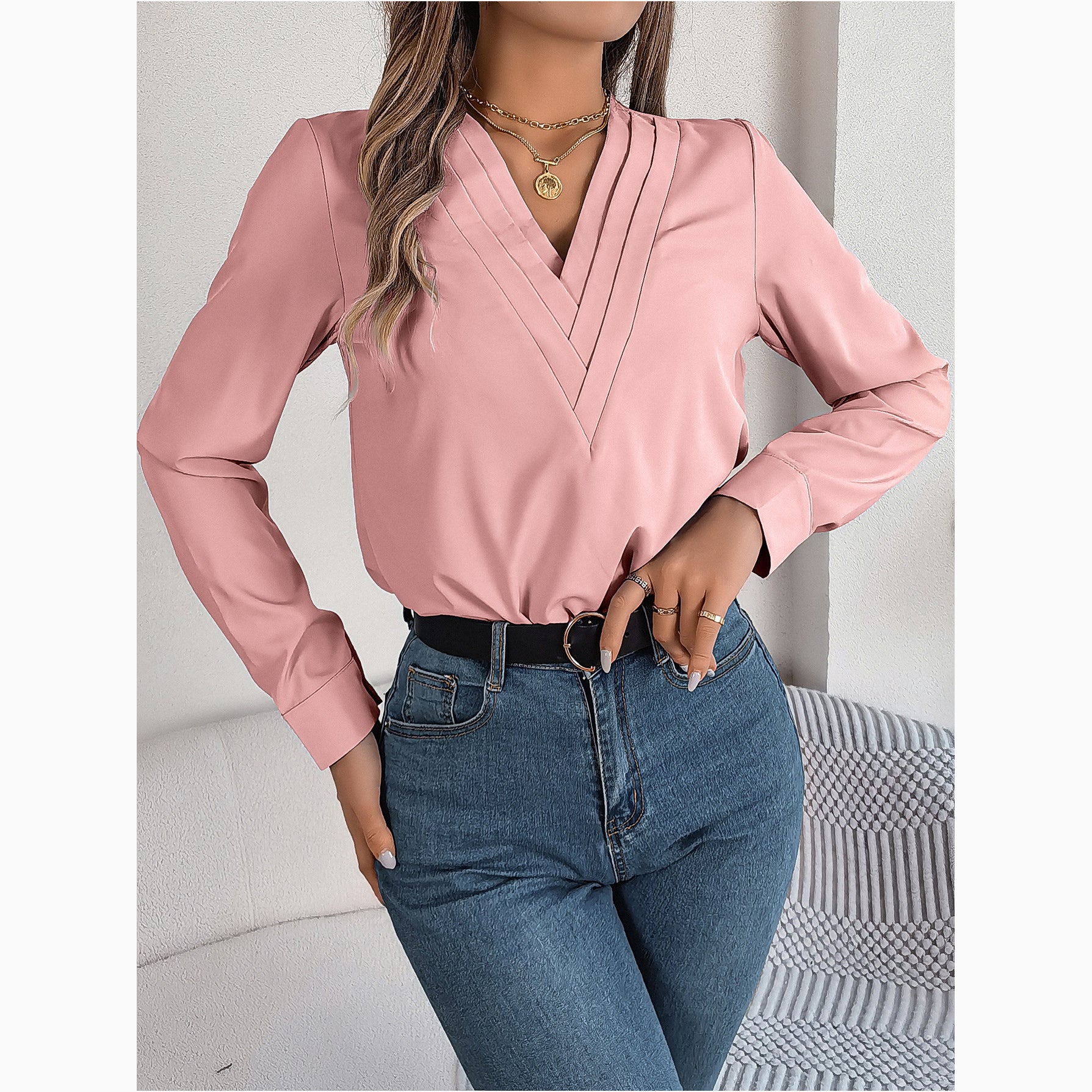 Layered V-Neck Long-Sleeved Shirt