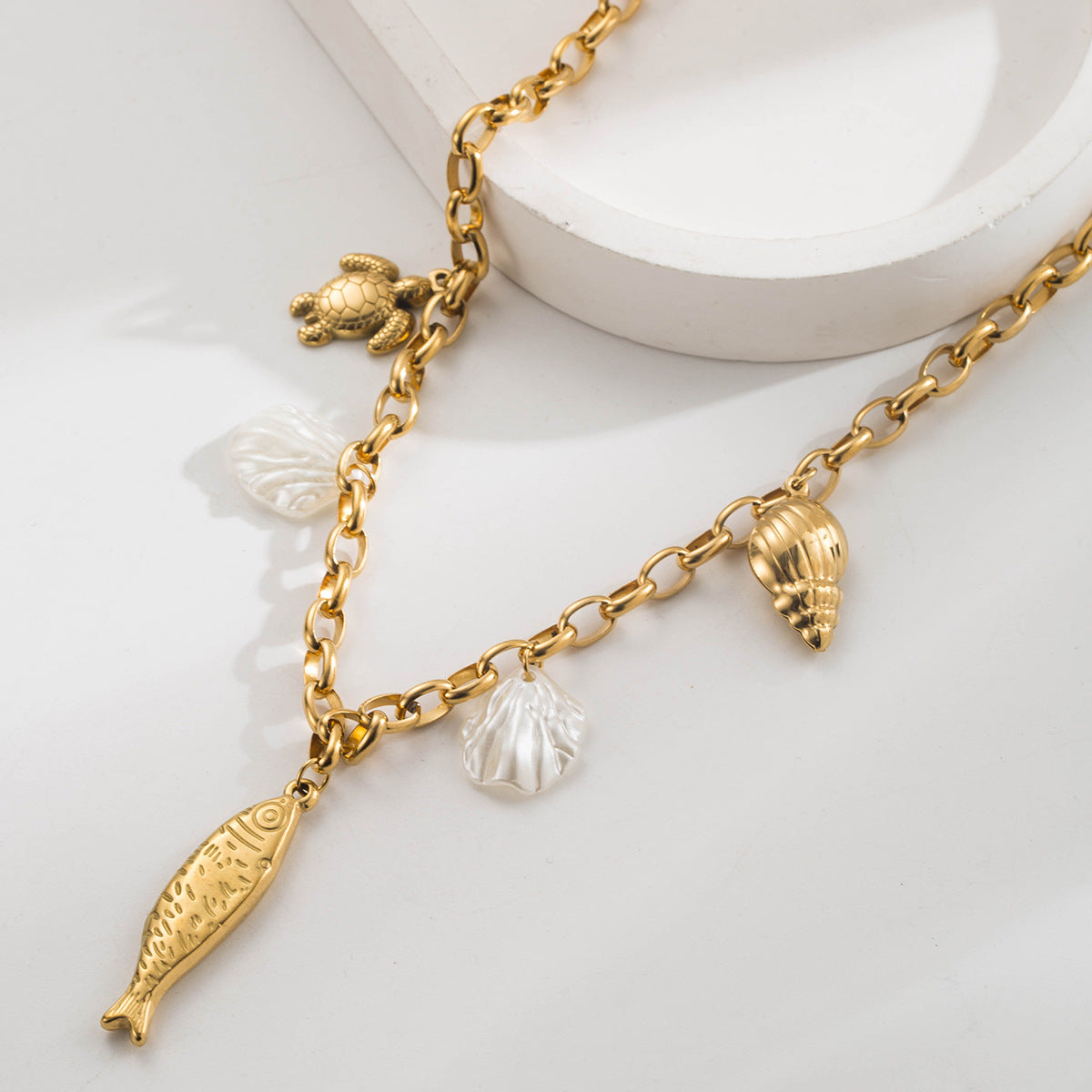 Western-Style Fashion Necklace Featuring Ocean Elements Moon  Little Fish Conch  Evil Eye  And Pearl Pendants