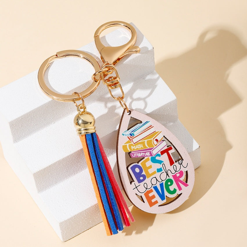 Pencil Heart Rainbow Wooden Tassel Keychain