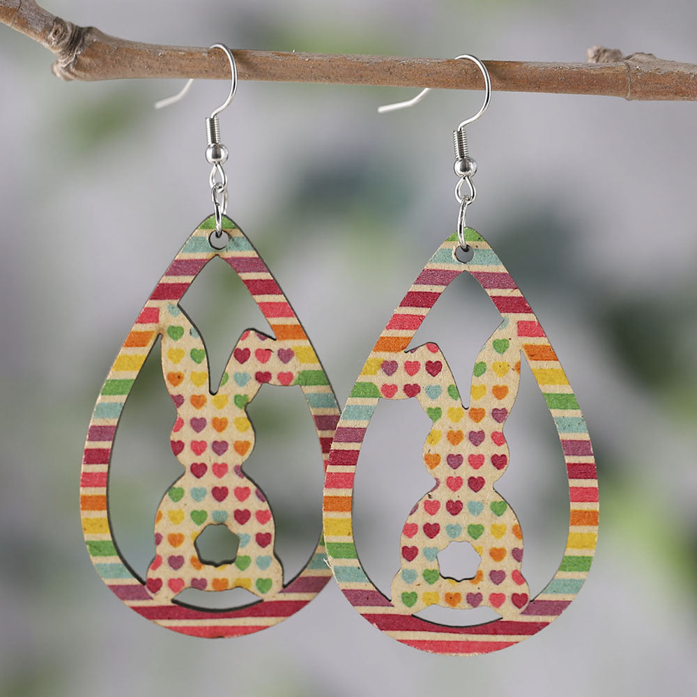 Colorful Striped Heart-Shaped Hollow Bunny Earrings