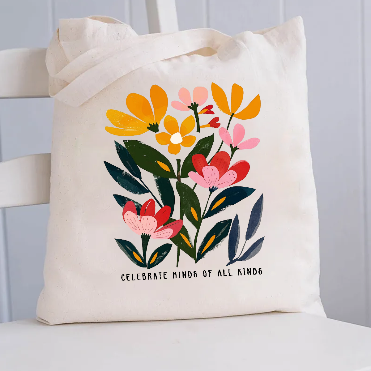 Celebrate Minds of All Kinds Floral Canvas Tote Bag