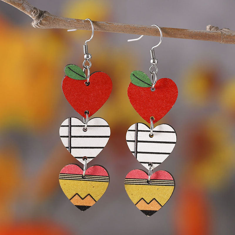 Teacher'S Day Apple Book Pencil Heart Tassel Earrings