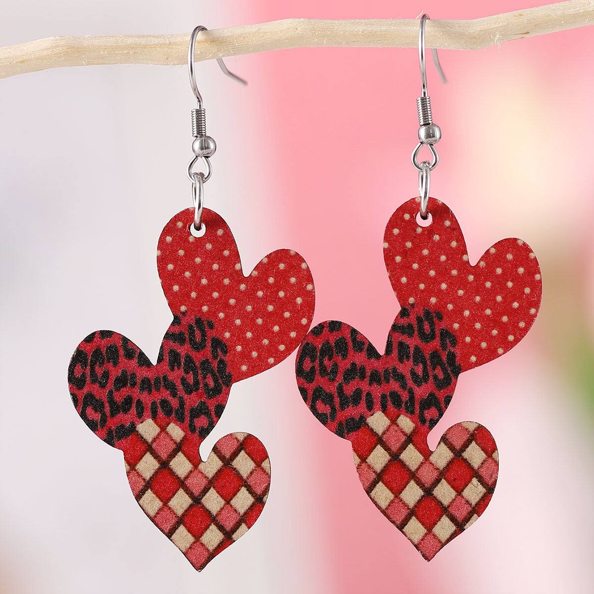 Checkered Leopard Print Polka Dot Heart Earrings