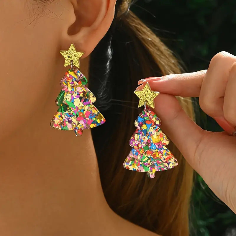 Colorful Christmas Tree Star Earrings