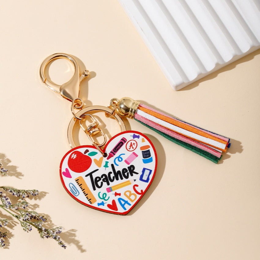 Rainbow Wooden Tassel Pendant Keychain
