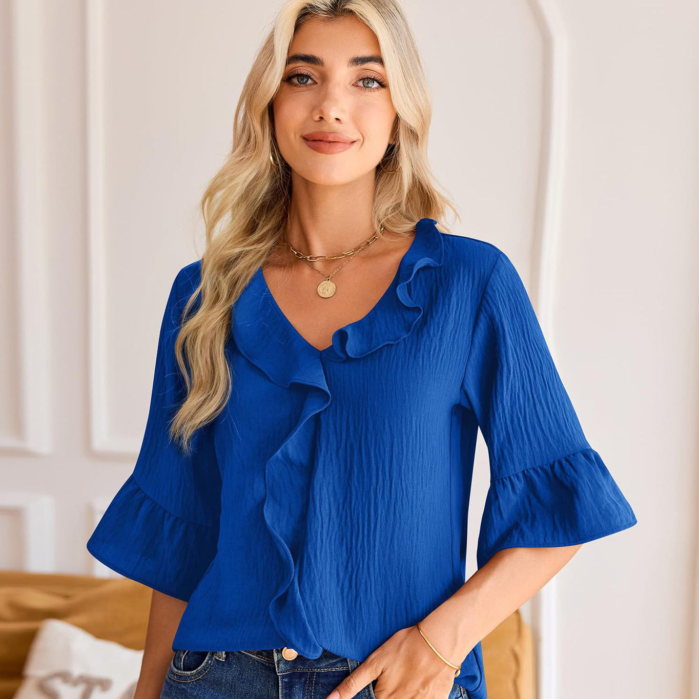 V-Neck Ruffled Three-Quarter Sleeves Lace Short-Sleeved Shirt