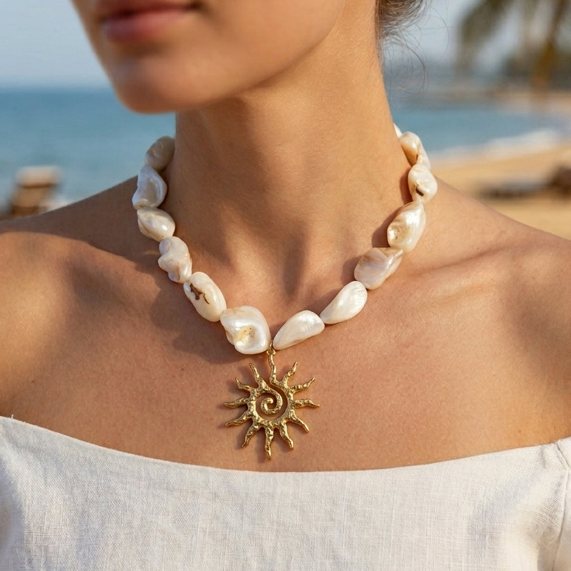 Natural Shell Bead & Stainless Steel Ocean-Style Necklace — Unique Women's Jewelry