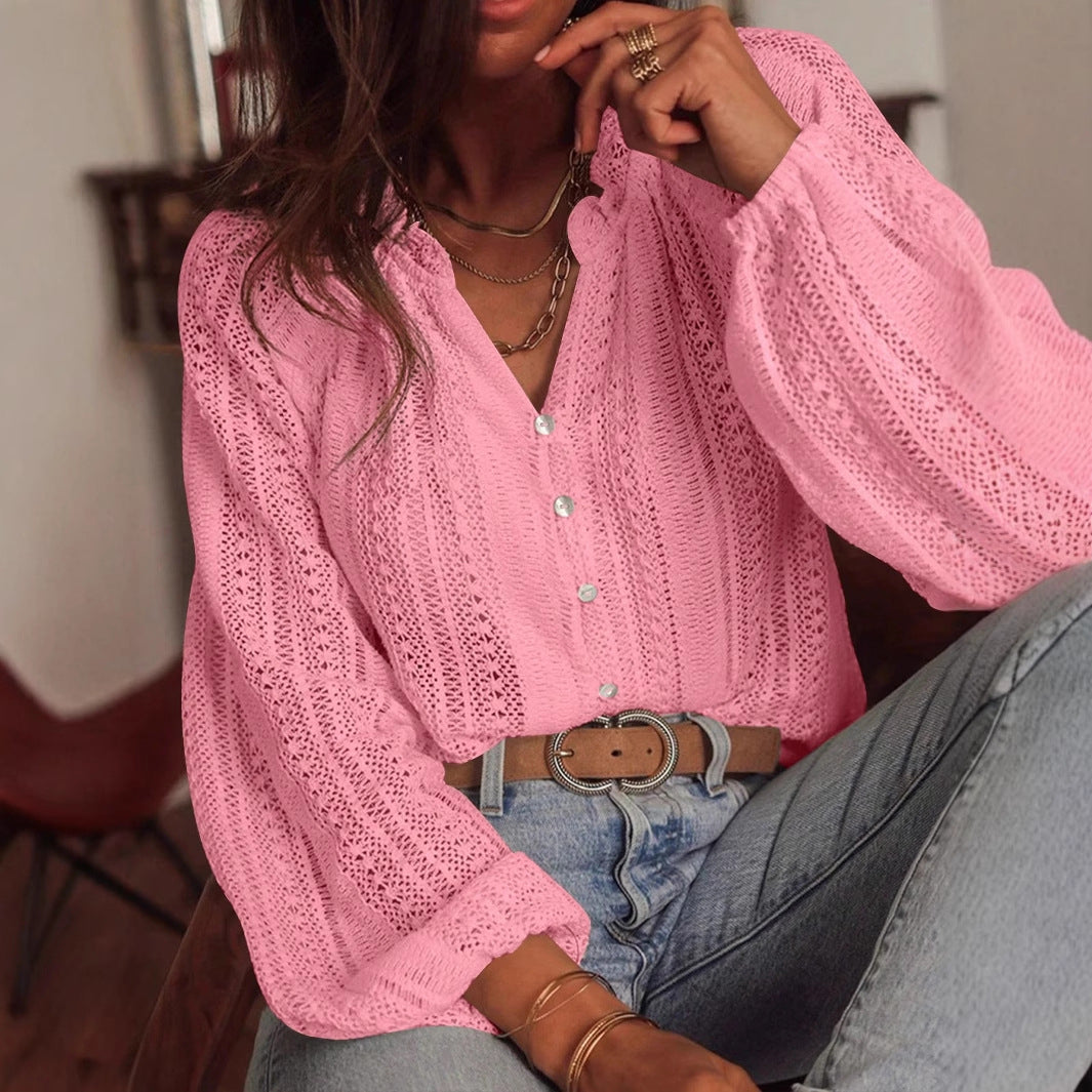 Hollow-Out Lace V-Neck Single-Breasted Long-Sleeved Shirt
