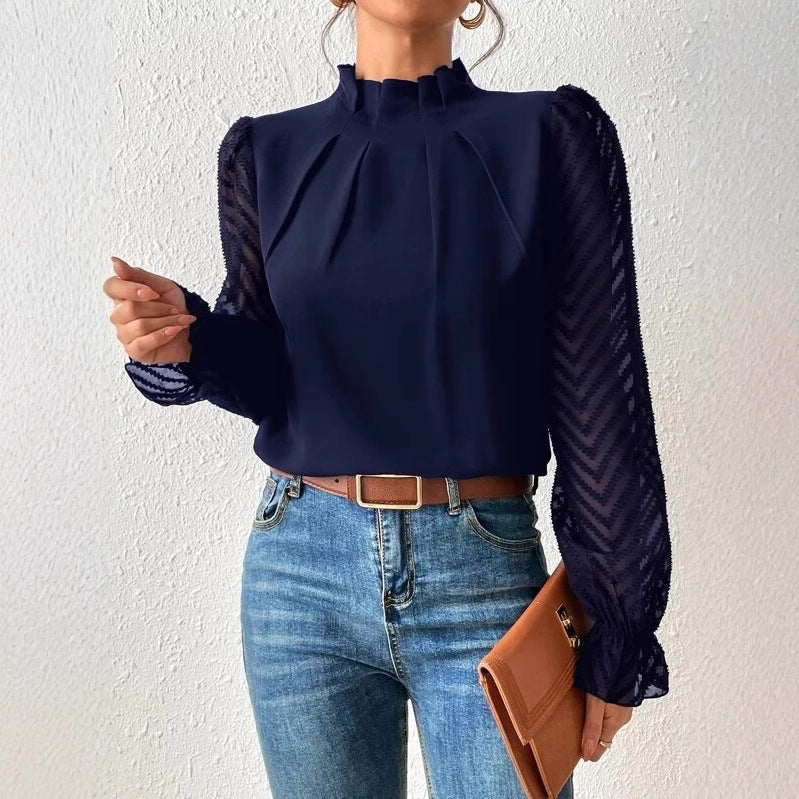 High Collar Patchwork Wavy Pattern Chiffon Long Sleeves Shirt