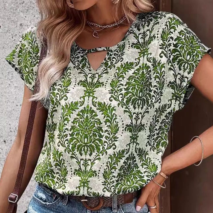 Printed V-Neck Batwing Sleeve Loose-Fitting Shirt