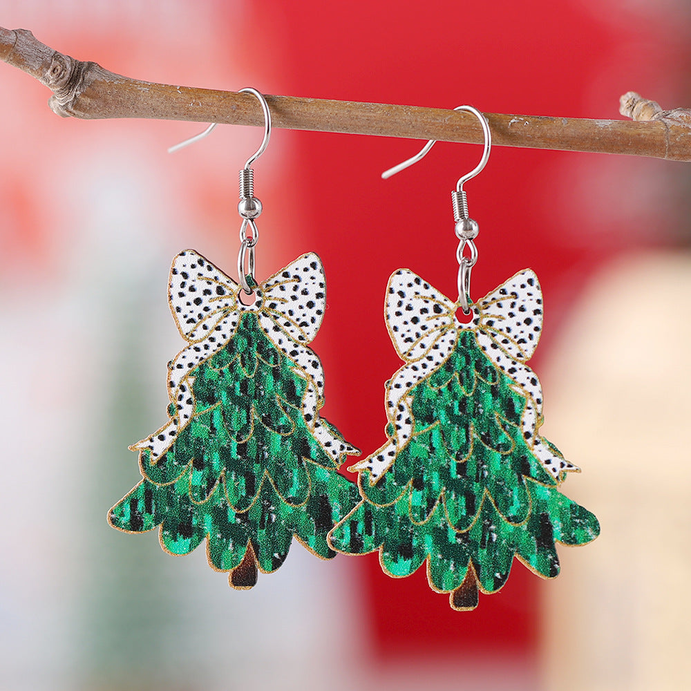 Cow Pattern Bow Christmas Tree Pendant Earrings