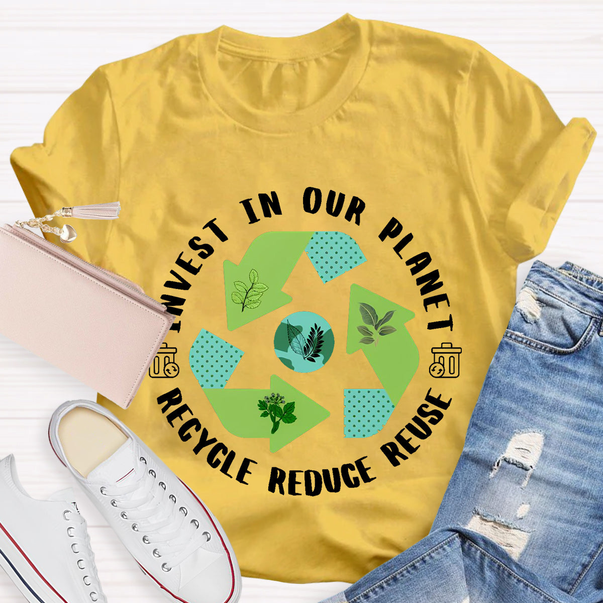 Invest In Our Planet Recycle Reduce Reuse Earth Day T-Shirt