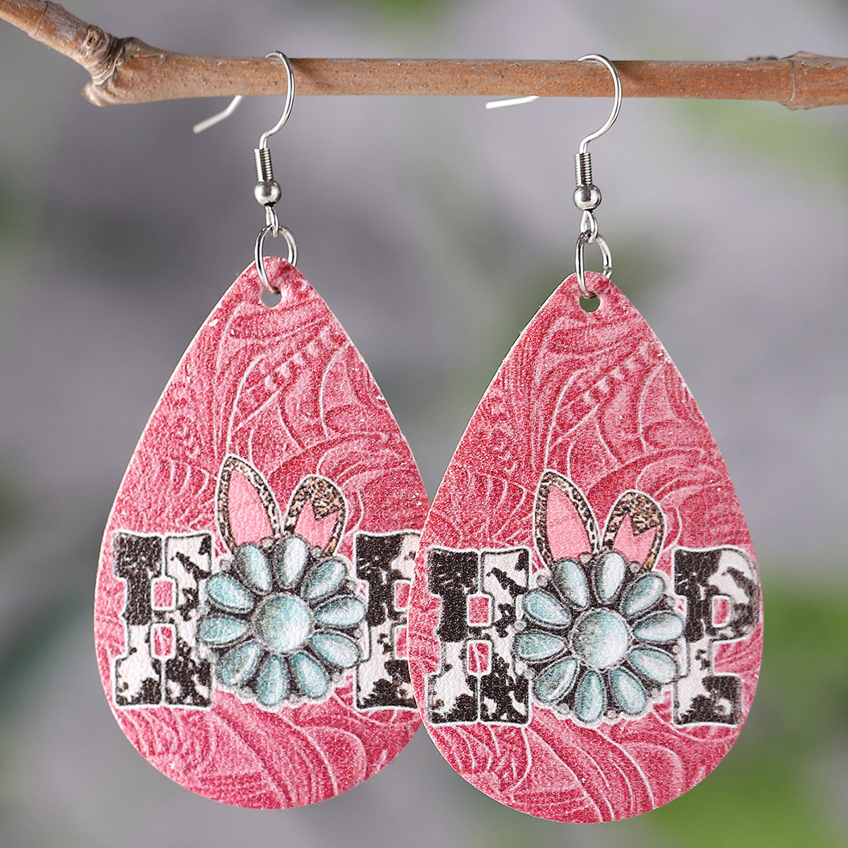 Rabbit Heart-Shaped Leopard Print Turquoise Easter Earrings